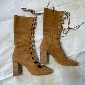 Free People Brown Suede Calf Length Mary Jane style Lace Up Boot sz 7.5